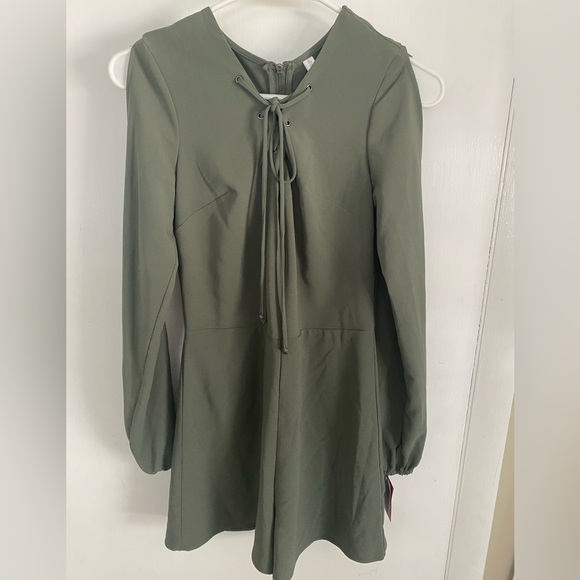 Xhilaration Pants - Xhilaration Olive Green Long Sleeve Tie-Neck Romper with Sleeve Cut Outs NWT